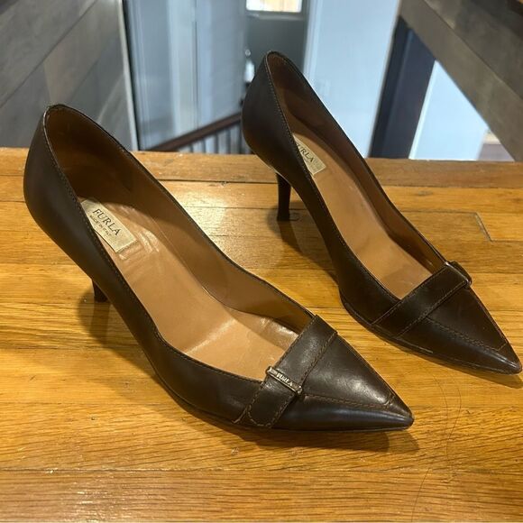 Furla Leather Dark Chocolate Brown Pointed Toe Loafer Kitten Heels, size 37 - Picture 10 of 11